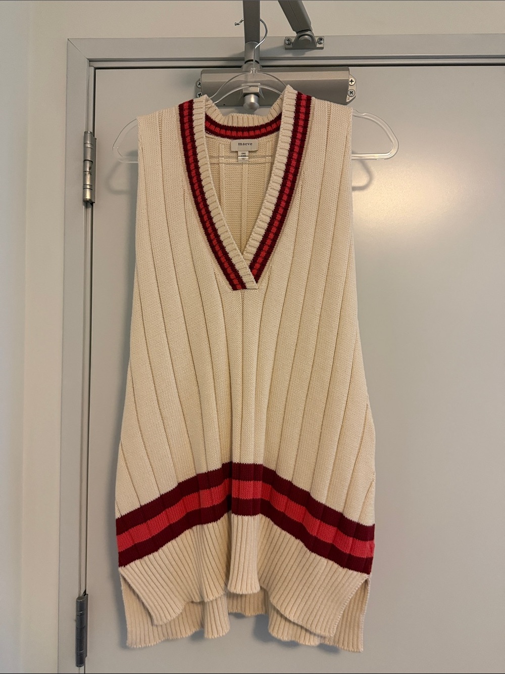 Maeve Cream Ribbed V-Neck Sweater Vest with Red Stripe Trim